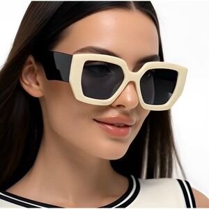 Chic Oversized Square Sunglasses Cream Black Bold Fashion Eyewear‎ Women Luxury